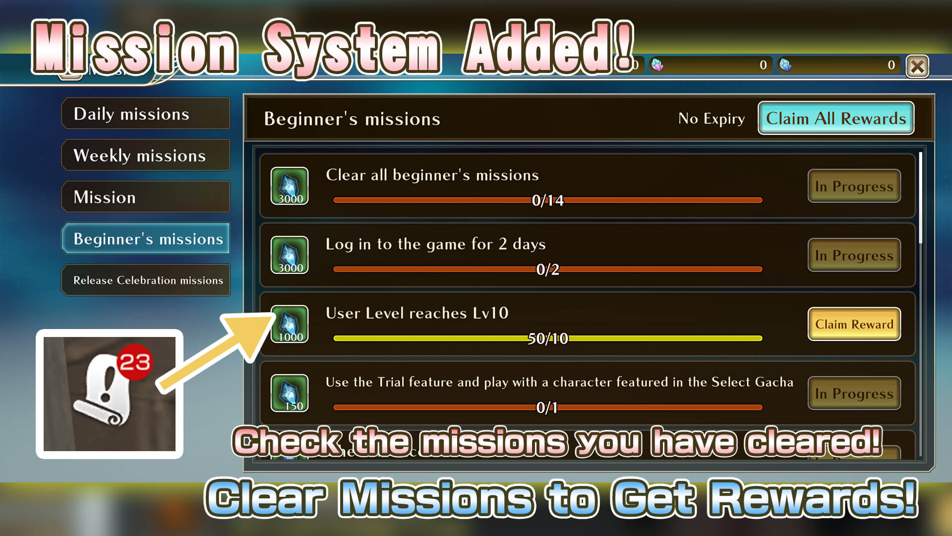 Updated Information: Mission System Added! Clear Missions to Get Rewards! More… 